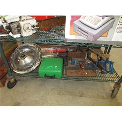 Shelf lot of tools & hubcaps