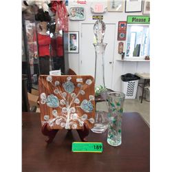 Vintage pottery ashtray, glass decanter & vase