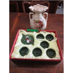 Glazed pottery tea set & Victorian English vase