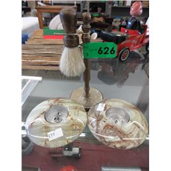Two onyx candle holders & vintage shaving brush