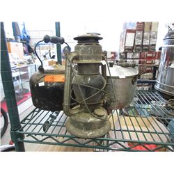 Vintage Beacon Barn Lamp/ Old Tin Kettle and Tin Pot