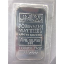 .999 Fine Silver Johnson Matthey Bar - 1 oz.