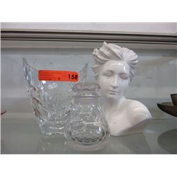 Porcelain bust & 2 crystal dishes