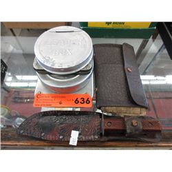5 Vintage fly boxes & a knife
