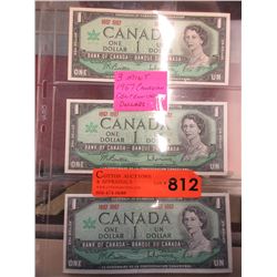 3 Mint 1967 Canadian $1 bills