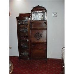 Antique Oak Curved Glass Secretary with bevelled mirror