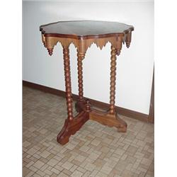 Ornate Lamp Table, turned legs, dimensions are 26” high x 21” diameter.