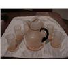Image 1 : Pink water set, 6 glasses, 6 coasters, and pitcher w/saucer.  Pitcher has black handle.