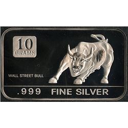 10 Grams .999 Silver Wall Street Bull Bullion Bar