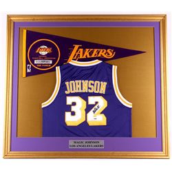 Magic Johnson Signed Lakers 35x39 Custom Framed Jersey Display (PSA COA)