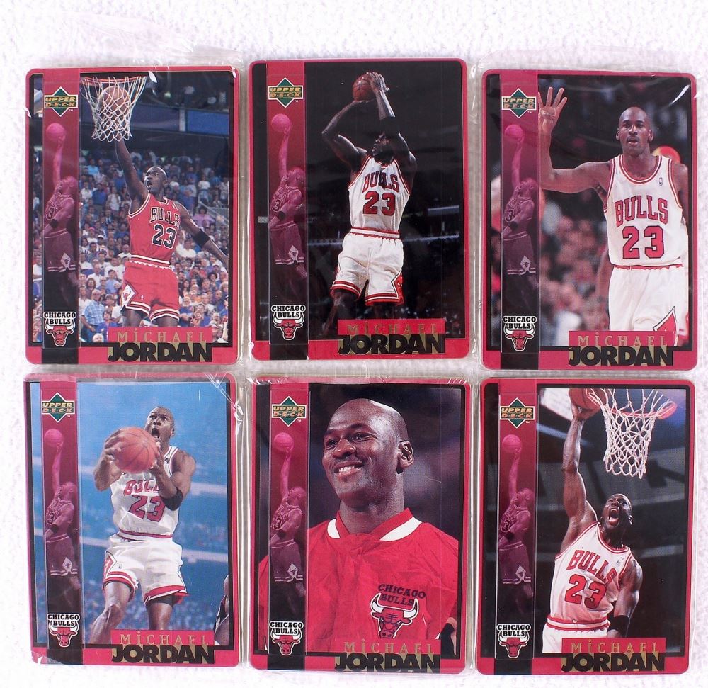 complete set of (6) michael jordan upper deck metal collector basketball cards with original tin box complete set of (6)