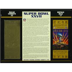 Commemorative Super Bowl XXVII Score Card With 22 Kt Gold Ticket: Cowboys vs. Bills