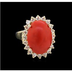 5.35ct Coral and Diamond Ring - 14KT Yellow Gold