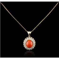 14KT Rose Gold 5.58ct Coral and Diamond Pendant With Chain