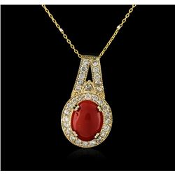 14KT Yellow Gold 6.16ct Coral and Diamond Pendant With Chain