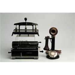 LOT OF 3 ITEMS.  1) Early cast-iron base “Marchant” hand adding machine.  SIZE:  13” w x 7” h x 5” d