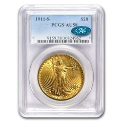 1911-S $20 St. Gaudens Gold Double Eagle AU-58 PCGS (CAC)