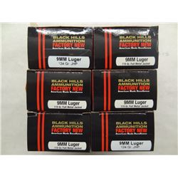 6 BOXES BLACK HILLS 9MM LUGER 124GR JHP