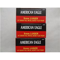 3 BOXES AMERICAN EAGLE 9MM LUGER 147GR MJFP