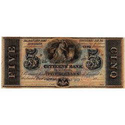 1800's $5 Citizens Bank of Louisiana New Orleans Obsolete Currency Note