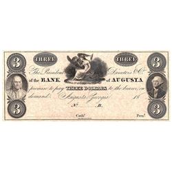 1800's $3 Bank of Agusta Obsolete Currency Note
