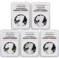 5 Coin Set 2006-2008 and 2010-2011 Silver Eagle Coins NGC PF69 Ultra Cameo