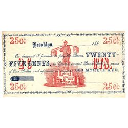 1800's 25 Cents Brooklyn New York China Tea Obsolete Currency Note