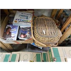SHELF LOT BOX  OF BOOKS, CD'S AND VINTAGE BASKET OF CASSETTES