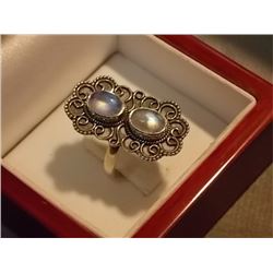 RING - MOON STONE IN STERLING SILVER CUSTOM DETAILED DESIGN - 2 OVAL CABOCHON FACETTED MOONSTONES - 