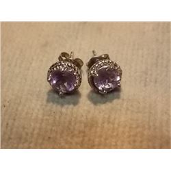 EARRINGS - NEW AMETHYST & DIAMOND STUDS SET IN STERLING SILVER SETTING - ROUND FACETTED AMETHYST -  