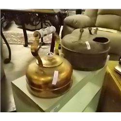 VINTAGE COPPER KETTLE (as-is) & VINTAGE BRASS KETTLE WITH  DELFT BLUE HANDLE = 2 PC TTL