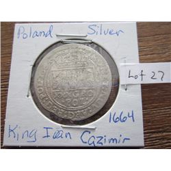 Poland silver coin 1664 King 1 Cazimir