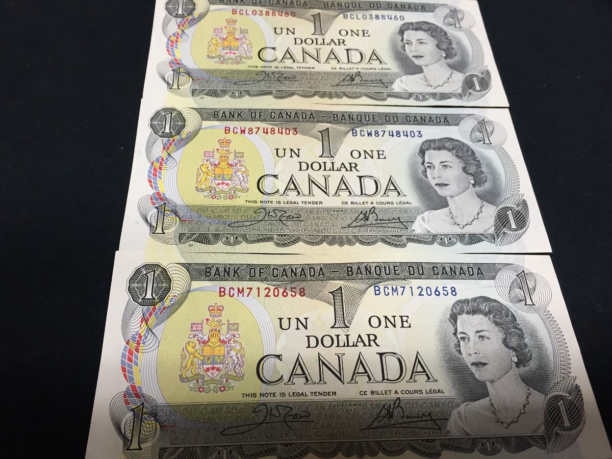 3 1973 Canadian 1 Dollar Bills