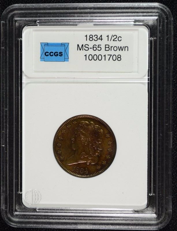 1834 CLASSIC HEAD HALF CENT CCGS GRADED GEM BU+ BROWN, NICE