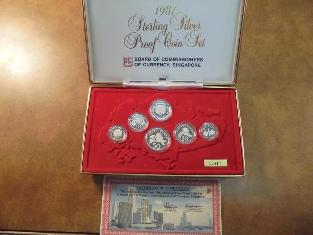 1987 SINGAPORE STERLING SILVER PROOF COIN SET 6 COINS 1 CENT 1