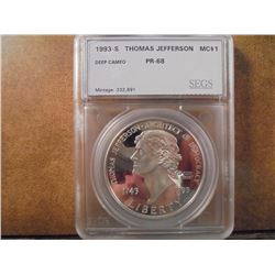 1993-S THOMAS JEFFERSON COMMEMORATIVE SILVER $ DEEP CAMEO PROOF SEGS SLAB