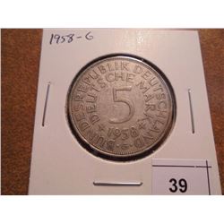 1958-G GERMAN SILVER 5 MARK