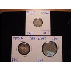 US/PHILIPPINES SILVER 1917-S 10 CENTAVOS, 1945-D 20 CENTAVOS AND 1944-S 50 CENTAVOS, .3857 OZ. ASW T