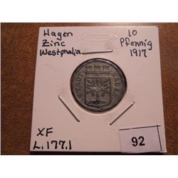 1917 HAGEN ZINC WESTPHALIA 10 PFENNIG