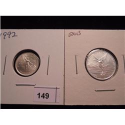 MEXICO SILVER LIBERTADS 2013 1/10 OZ. & 1992 1/20 OZ. UNC'S