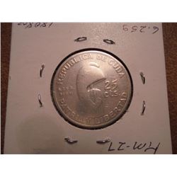 1953 CUBA SILVER 25 CENTAVOS