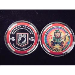 2-$5 RAMADA EXPRESS CASINO TOKENS 1 IS POW/MIA AND THE OTHER IS ST. PATRICKS DAY 2000