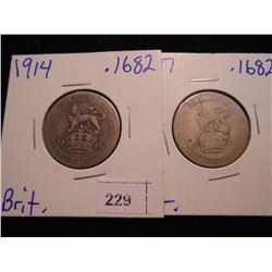 1914 & 1917 GREAT BRITAIN SILVER SHILLINGS .1682 OZ. ASW EACH