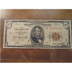 1929 $5 NATIONAL CURRENCY KANSAS CITY BROWN SEAL