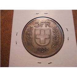 1933-B SWITZERLAND SILVER 5 FRANC .4027 OZ. ASW