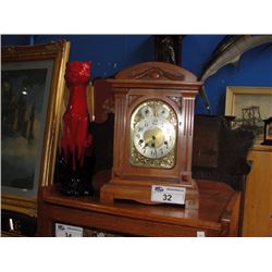 ANTIQUE MANTEL CLOCK WITH WEST MINSTER CHIME AND RED CAT FIGURE