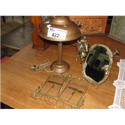 LOT OF BRASS ITEMS INCLUDING; PICTURE FRAME, MIRROR, LAMP, ORNAMENT AND MOTAR AND PESTLE