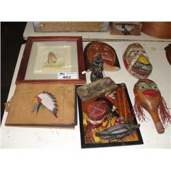 LOT OF COLLECTABLE NATIVE ITEMS; PICTURE, RATTLE, MASK, CARVING ETC