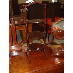 MAHOGANY INLAID 3 TIER CAKESTAND Estimate: £30-50...