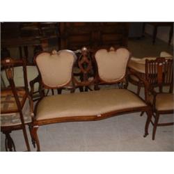 MAHOGANY INLAID DRAWING ROOM SETTEE IN SILK UPHOLSTERY Estimate: £200-300...